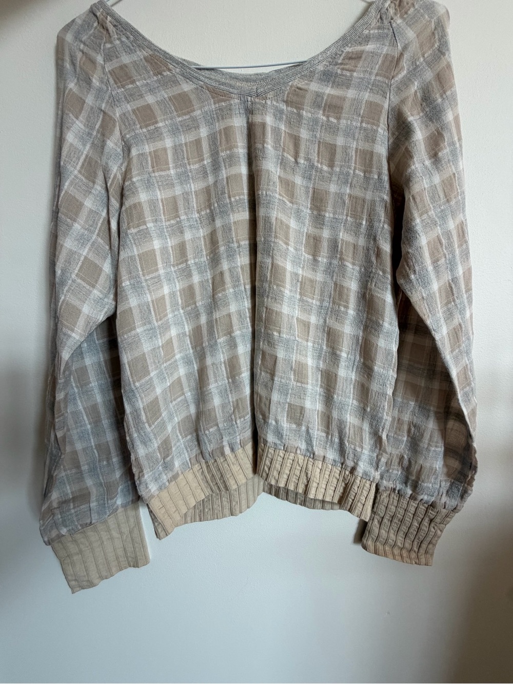 Men's Beige Plaid Cotton Sweater - Neutral Casual Pullover size Small/Medium